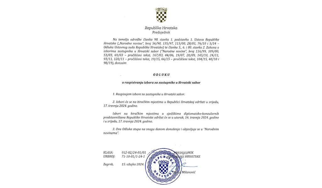 Izbori za zastupnike u Hrvatskom saboru zakazani za 17. travnja, a za Europski parlament 9. lipnja 2024. godine | Karlobag.eu