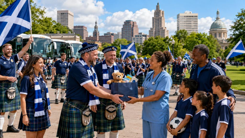 KI-Illustration: Tartan Army in Providence: Schottische Fans sammeln fast 30.000 Dollar für lokale Gruppen bei der WM 2026