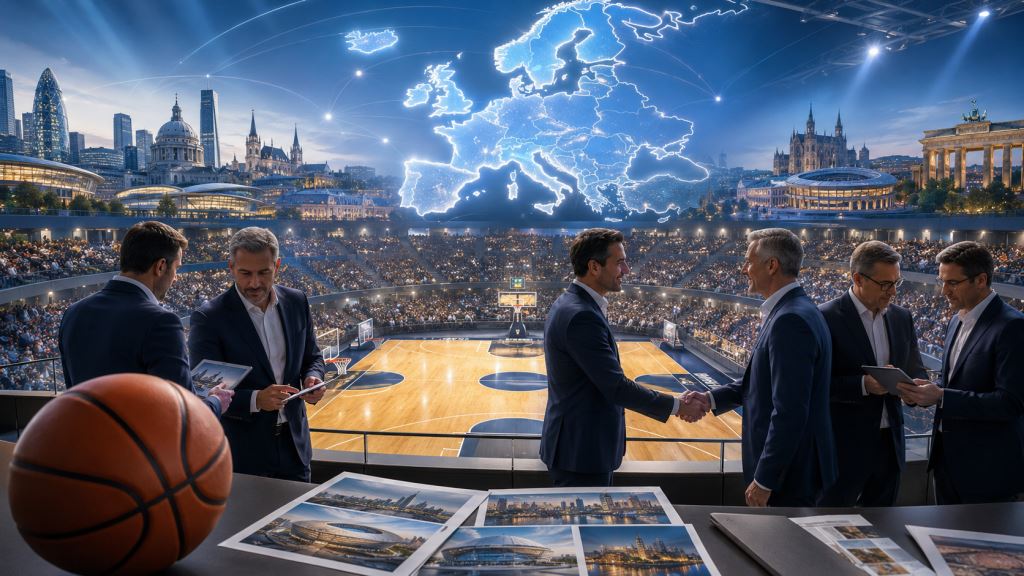 ilustración con IA: NBA Europe y FIBA preparan nueva liga: ofertas millonarias sacuden el baloncesto europeo antes de 2027
