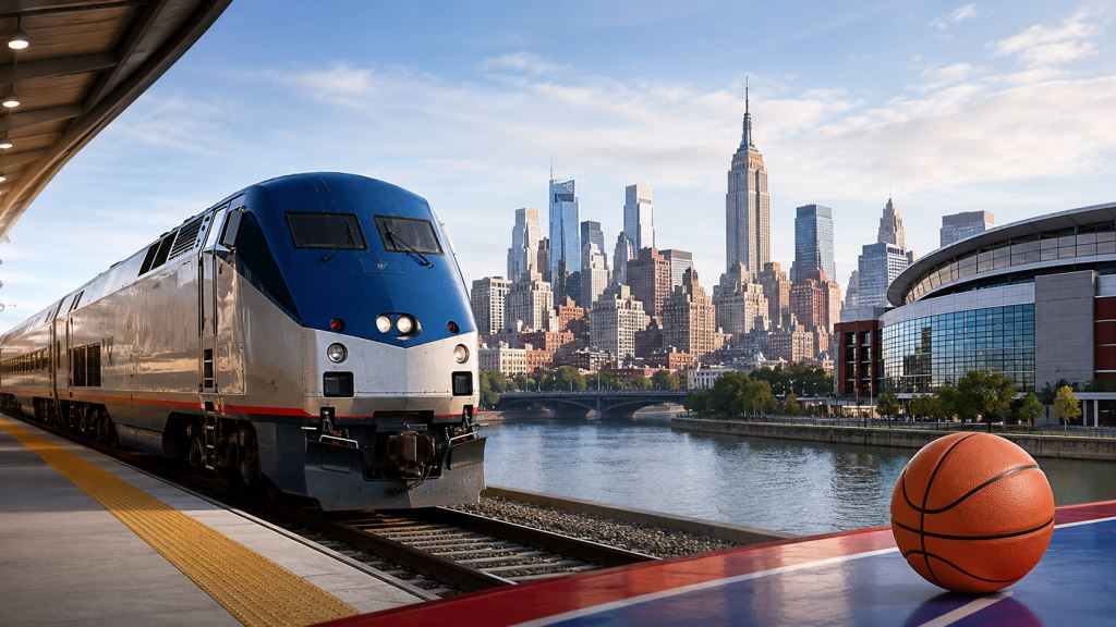 KI-Illustration: Amtraks Angebot an LeBron James und die ungewöhnliche Pendelroute New York-Philadelphia im Fokus des NBA-Sommers