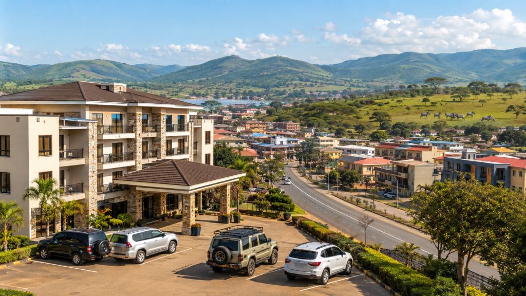 KI-Illustration: Mbarara 2026: Unterkunftsführer für Hotels, Apartments, Parkplätze, Preise und Safarirouten in Westuganda