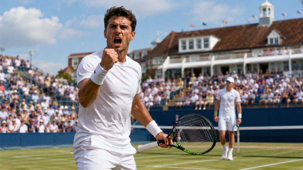 ilustración con IA: Jan Choinski supera a Felix Gill en Eastbourne y alcanza el primer cuarto de final ATP de su carrera