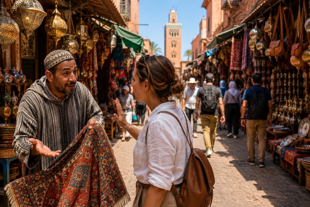 KI-Illustration: Marrakech ohne Kaufdruck: richtig Nein sagen, fair feilschen, Stadtführer wählen und sicher die Medina erkunden