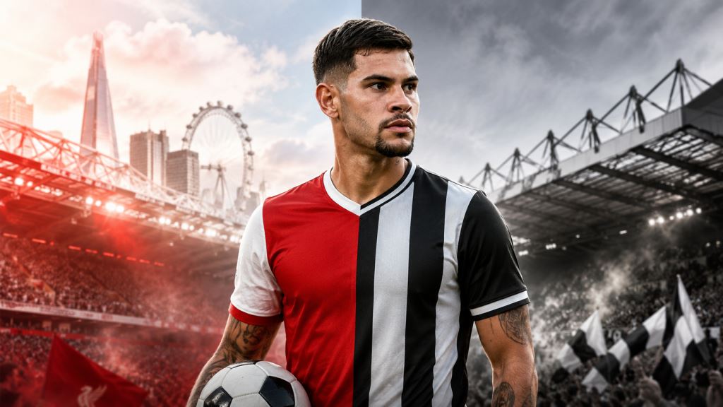 KI-Illustration: Bruno Guimarães zwischen Arsenal und Newcastle: 60-Millionen-Pfund-Offerte entfacht großes Transferduell
