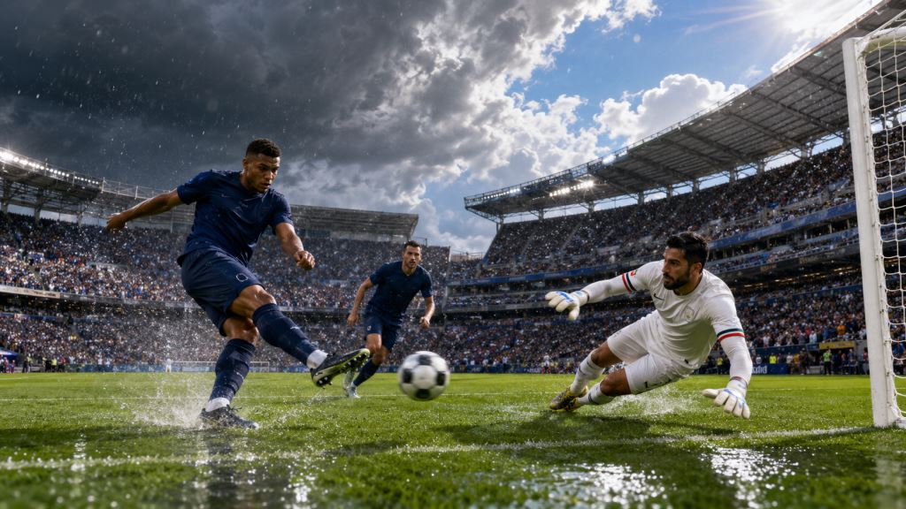 KI-Illustration: Frankreich gegen Irak 3:0: Mbappé und Dembélé sichern klaren WM-2026-Sieg in Philadelphia nach Gewitterpause