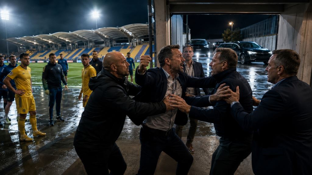 ilustración con IA: Caos tras el Koper-Radomlje: la pelea entre directivos eclipsa el dramático 2-2 en el estadio Bonifika