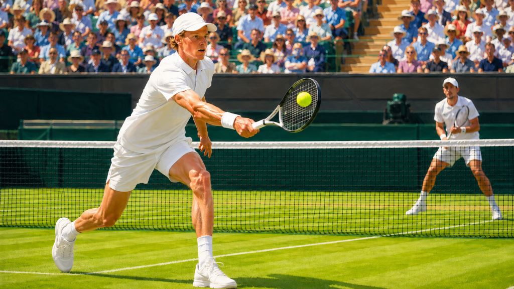 ilustración con IA: Sinner vence a Brooksby en tres sets y sostiene su defensa del título en Wimbledon 2026 con autoridad