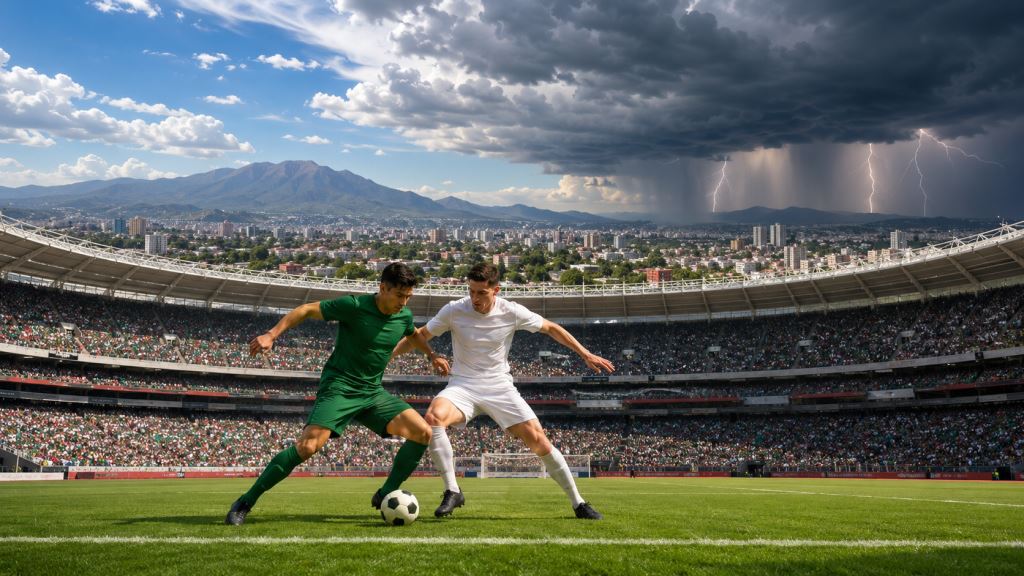 KI-Illustration: Mexiko gegen England vor früherem WM-Achtelfinale wegen Gewittern über Mexico City und Azteca im FIFA-Fokus