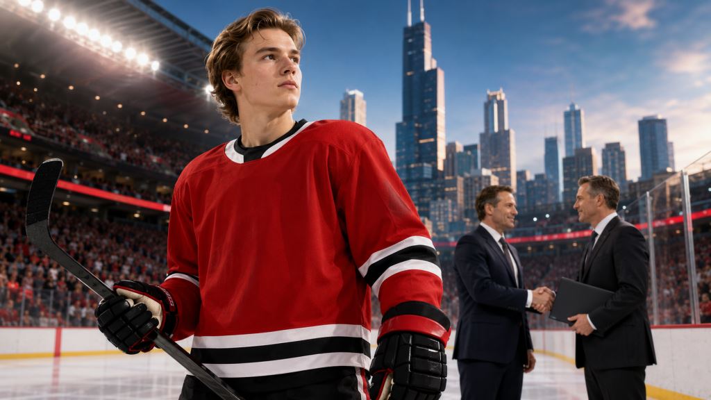 AI ilustracija: Connor Bedard potpisuje ugovor od 75 milijuna dolara i ostaje glavno lice obnove Chicago Blackhawksa
