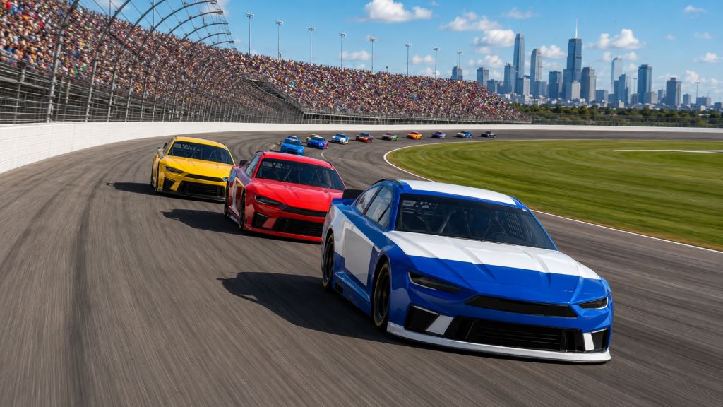 KI-Illustration: Briscoe siegt in Chicagoland, Joe Gibbs Racing räumt NASCAR-Podium ab und Toyota dominiert die Top Ten