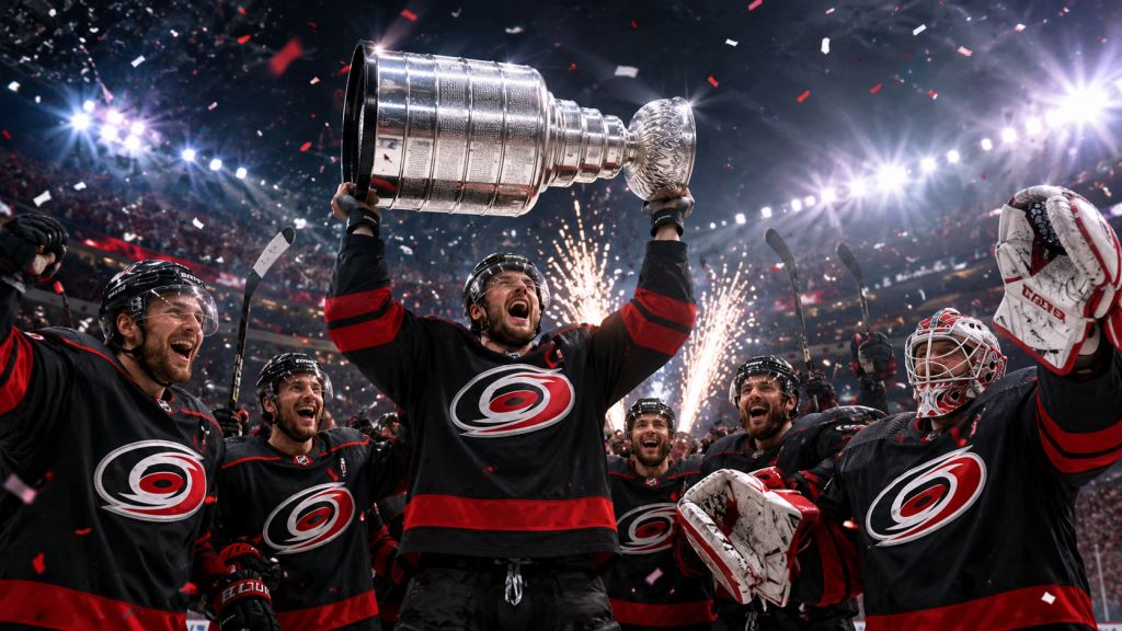 AI illustration: Carolina Hurricanes lift Stanley Cup after 20 years with Bussi’s 22 saves and shutout against Vegas in final