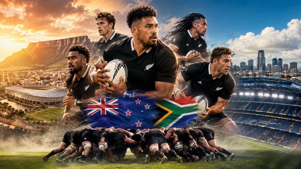 AI illustration: Rennie names 44 All Blacks for historic 2026 Springboks tour across South Africa and Baltimore finale