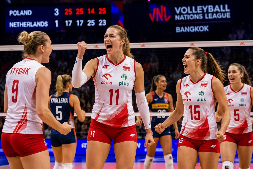 illustration IA: La Pologne bat les Pays-Bas 3-1 à Bangkok et reste en haut de la Volleyball Nations League féminine