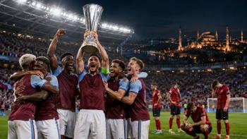 Aston Villa’s Europa League trophy after 3-0 victory over Freiburg in the fina…