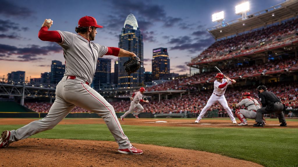 ilustración con IA: Philadelphia Phillies vencen 4-1 a Cincinnati Reds con 14 ponches de Wheeler en un sólido duelo de MLB