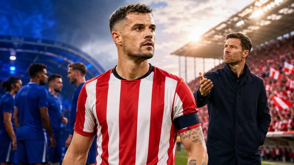 illustration IA: Granit Xhaka entre Chelsea et Sunderland, un transfert lié à Xabi Alonso et au marché de Premier League