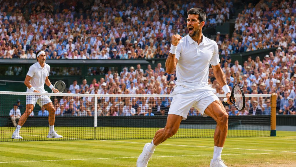 ilustración con IA: Đoković frena la reacción de Rinderknech en Wimbledon y avanza a octavos tras un tiebreak en Londres