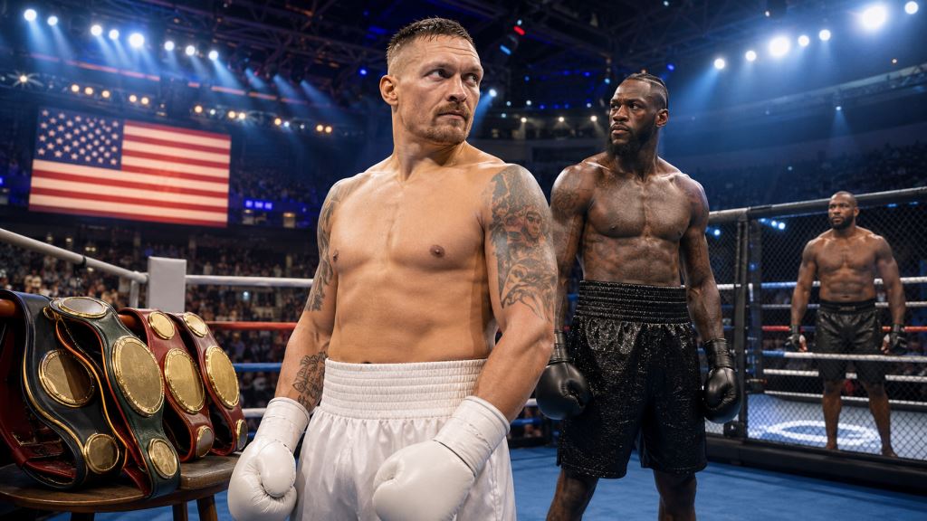 AI illustration: Usyk eyes final challenge: Wilder leads boxing options, Jon Jones remains complex crossover scenario