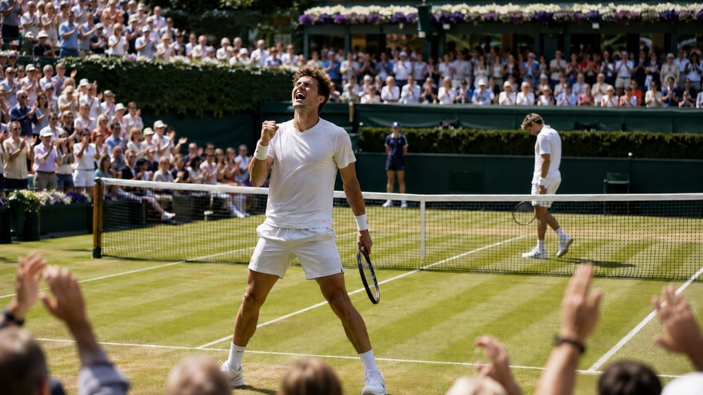 AI ilustracija: Arthur Fery nakon epskog preokreta protiv Zizoua Bergsa u osmini finala Wimbledona 2026 na travi Londona