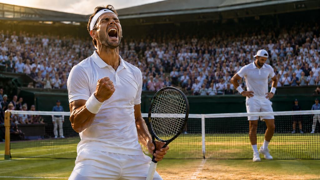 KI-Illustration: Dimitrov übersteht Berrettinis Aufholjagd in fünf Sätzen und siegt auf dem Centre Court von Wimbledon