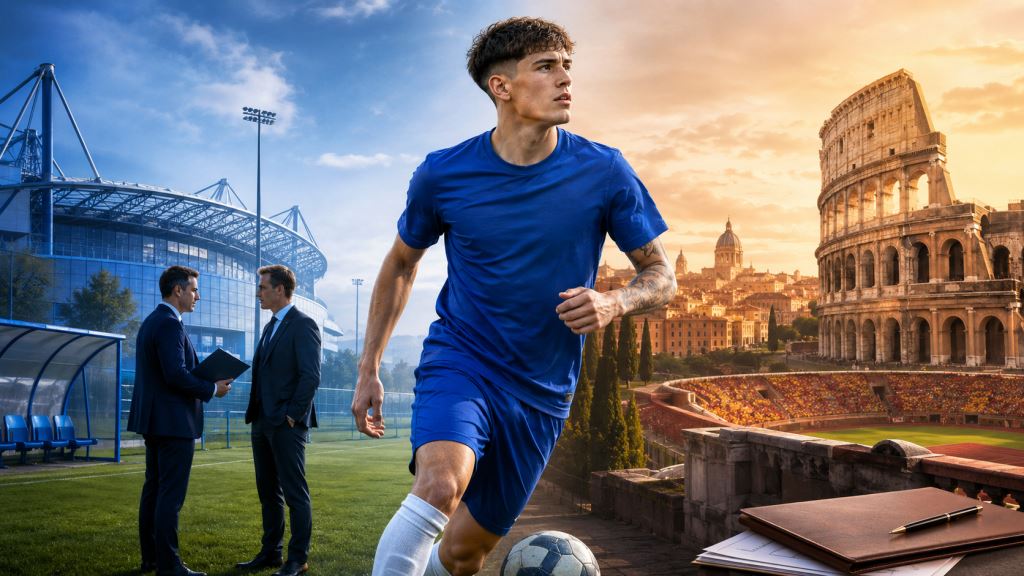 KI-Illustration: Garnacho vor Chelsea-Abgang: Roma drängt auf Leihe, London verlangt festen Transfer für Argentiniens Flügel