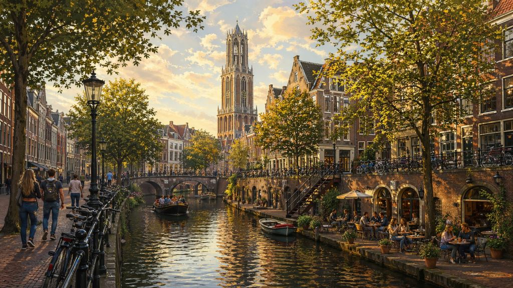 Utrecht zeigt die ruhigere Seite der Niederlande durch die Kanäle des Oudegracht, den Domturm und studentischen Rhythmus
