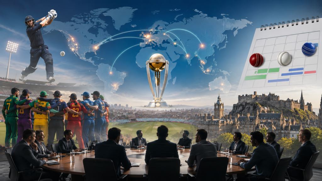 illustration IA: Débat de l'ICC à Édimbourg sur le calendrier mondial du cricket: clubs T20, format ODI et réforme WTC