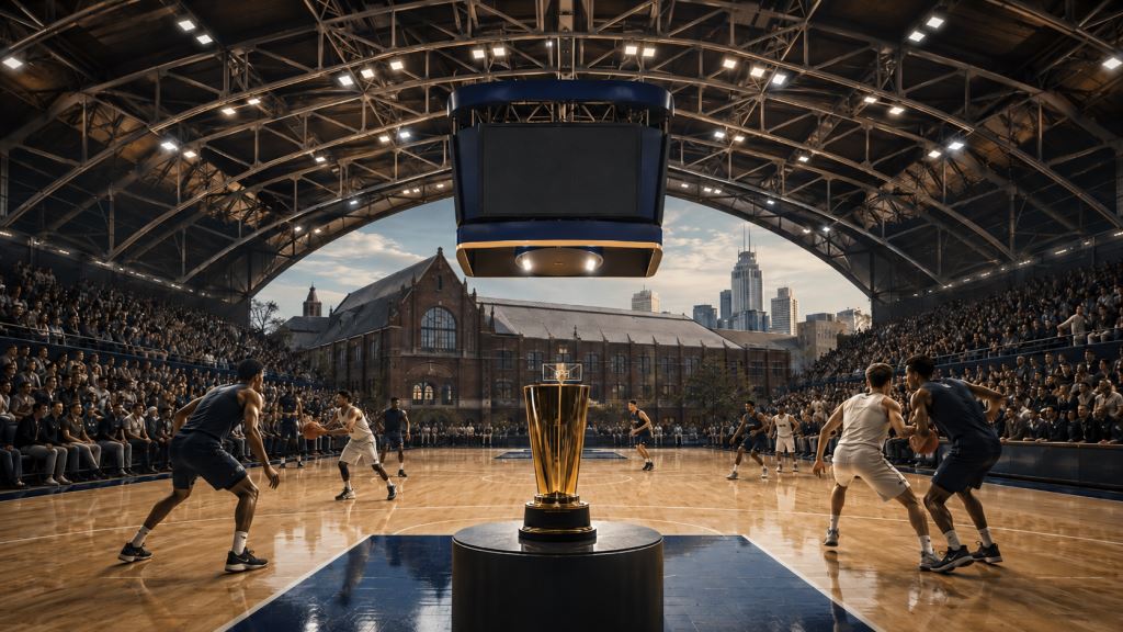 KI-Illustration: NBA Cup 2026 im Hinkle Fieldhouse - historisches Finale verlässt Las Vegas für Indianapolis als Ligatest