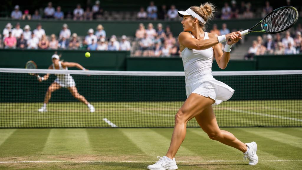 ilustración con IA: Magda Linette derrota a Zeynep Sonmez y avanza a la semifinal WTA del Libéma Open 2026 sobre césped neerlandés