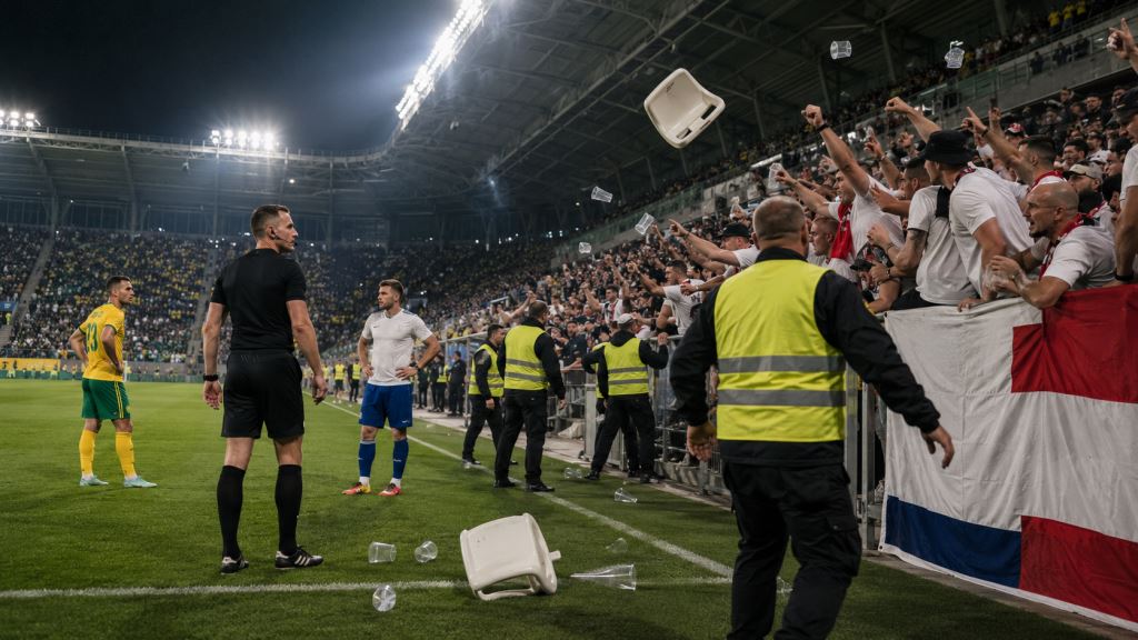 KI-Illustration: Hajduk droht UEFA-Auswärtsfansperre nach Zwischenfall und kurzer Spielunterbrechung in Žilina vor Pafos-Duell