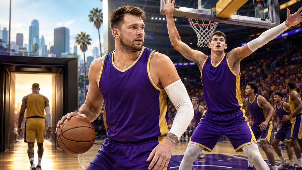 illustration IA: Luka Dončić au coeur de la nouvelle ère NBA des Lakers après LeBron, avec Walker Kessler à Los Angeles