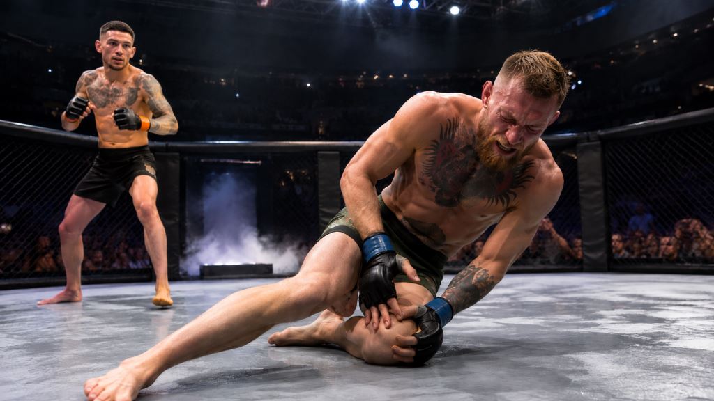 AI illustration: McGregor blames fog machine for knee injury and seeks reversal of Holloway defeat at UFC 329 in Las Vegas