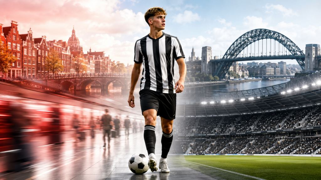 KI-Illustration: Newcastle vor Transfer von Sean Steur aus Ajax, junges Mittelfeldtalent als Baustein für Howes Zukunft