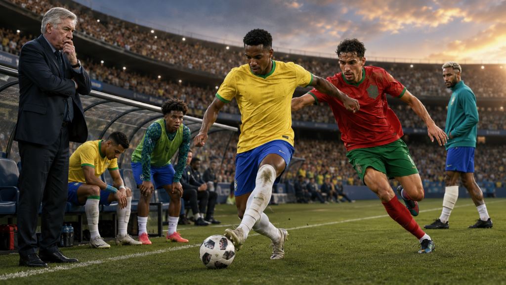 KI-Illustration: Brasilien sucht nach dem Marokko-Remis die Balance: Ancelotti unter Druck, Neymar verletzt, Endrick wartet