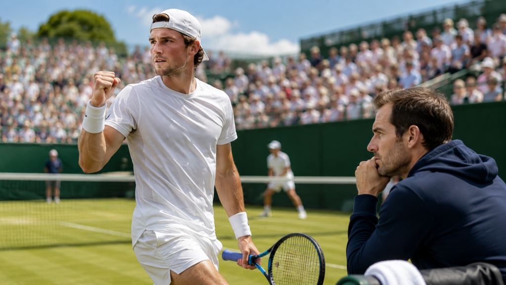 KI-Illustration: Jack Drapers Comeback mit Andy Murray nach dem Sieg gegen Marcos Giron und wichtigem Wimbledon-Rasentest