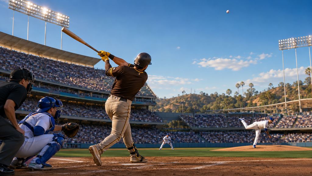 ilustración con IA: Respiro de Padres ante Dodgers en Los Angeles con jonrón clave de Machado y solidez de Sears en la lomita