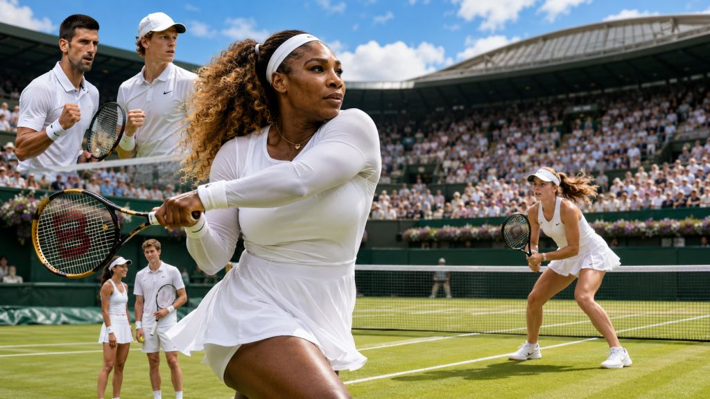 AI illustration: Wimbledon 2026 draw: Serena Williams vs Maya Joint as Djokovic and Sinner semifinal path takes shape