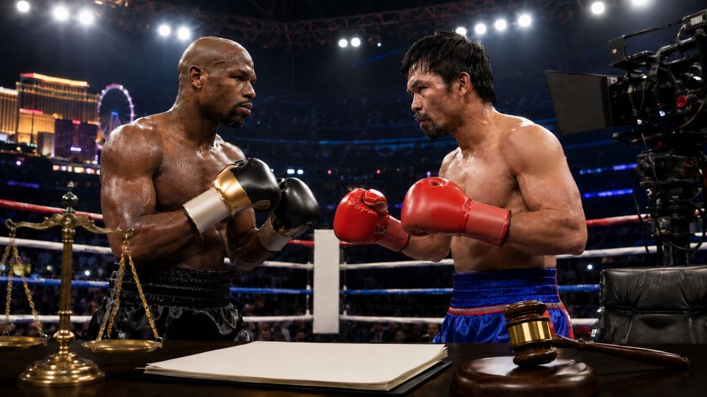 ilustración con IA: Mayweather-Pacquiao aplazada: disputas legales frenan la gran revancha de boxeo prevista en Las Vegas