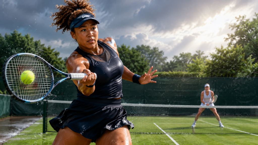 ilustración con IA: Naomi Osaka firma una victoria contundente ante Magdalena Frech en el WTA Bad Homburg tras la lluvia