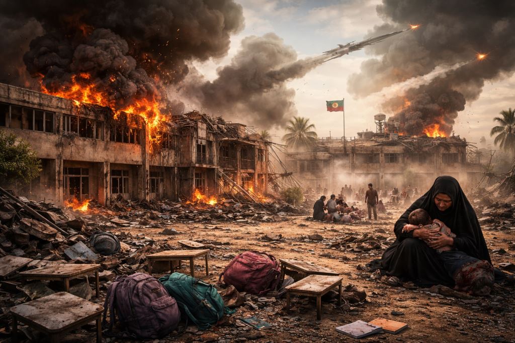 AI illustration: The attack on a school in Minab has raised the issue of civilian casualties and responsibility for the deadly strike in Iran