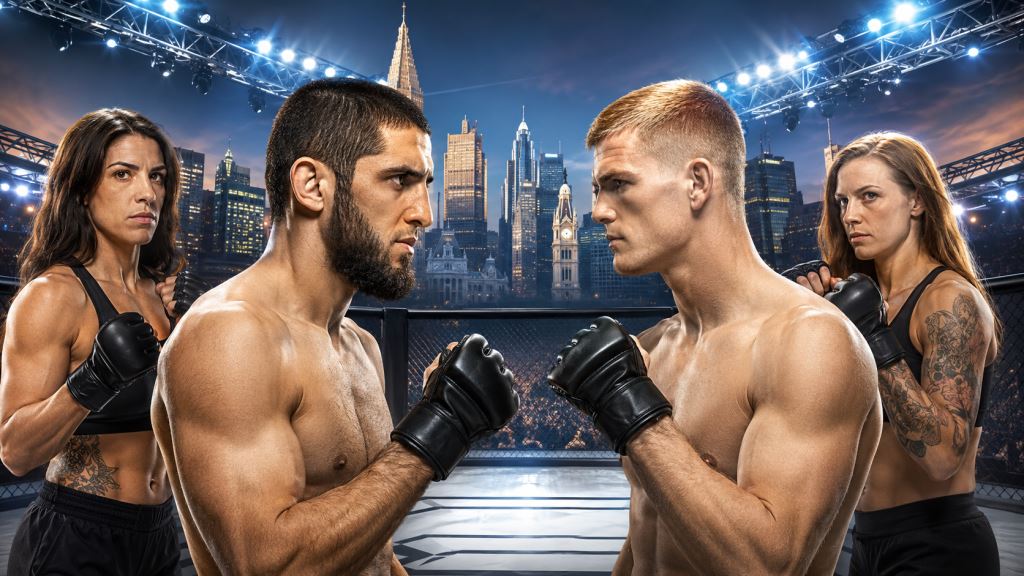 KI-Illustration: UFC 330 in Philadelphia mit zwei Titelkämpfen: Makhachev gegen Garry, Dern gegen Robertson