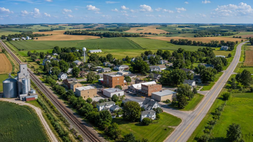 AI illustration: Cromwell, Iowa, as a small rural town shaped by railroad history and Midwestern farmland today in the US