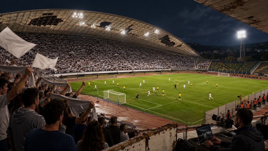 AI illustration: Poljud under scrutiny after Hajduk vs Žilina: 2-0 win, fierce atmosphere and Slovak stadium criticism