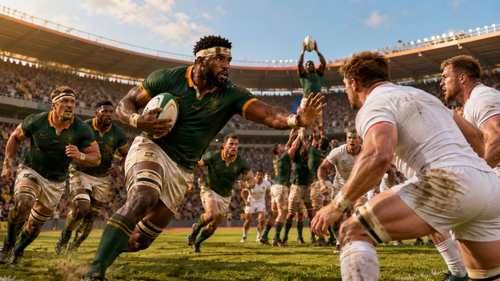 KI-Illustration: Springboks gegen England am Ellis Park im Härtetest zum Auftakt der Nations Championship in Johannesburg