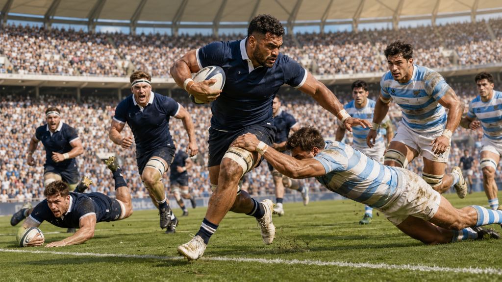 KI-Illustration: Schottlands 47-38 gegen Argentinien in Córdoba mit 12 Versuchen und Auswärtsrekord in der Nations Championship
