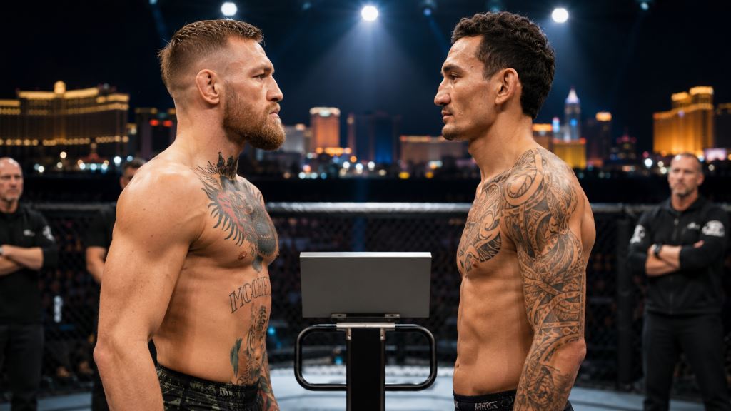 AI illustration: McGregor and Holloway make weight for UFC 329: Las Vegas rematch returns after 13 years in the octagon
