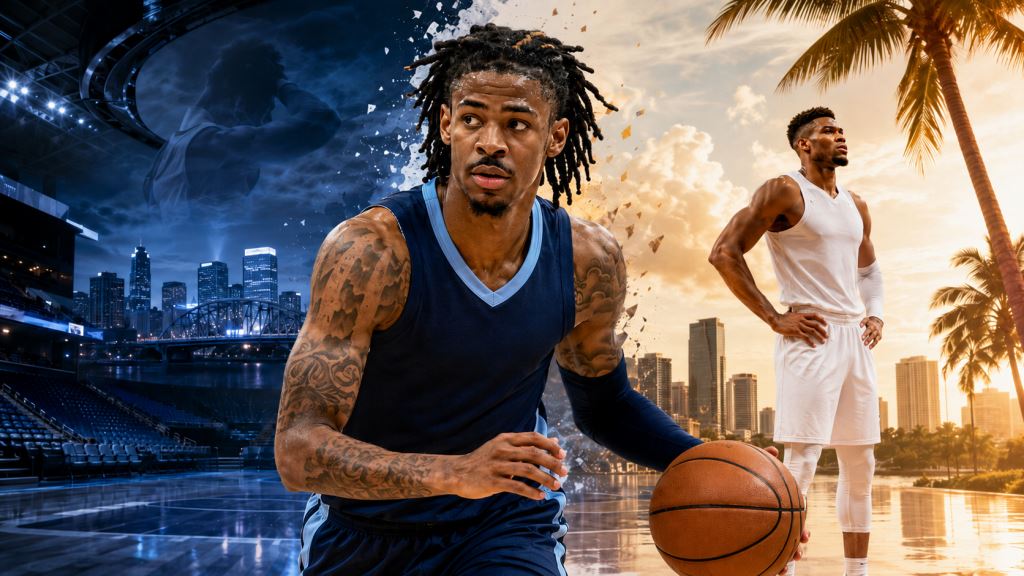 KI-Illustration: Ja Morant und Memphis Grizzlies vor großer Entscheidung, während Miami vom NBA-Sommertrade in diesem Sommer abrückt
