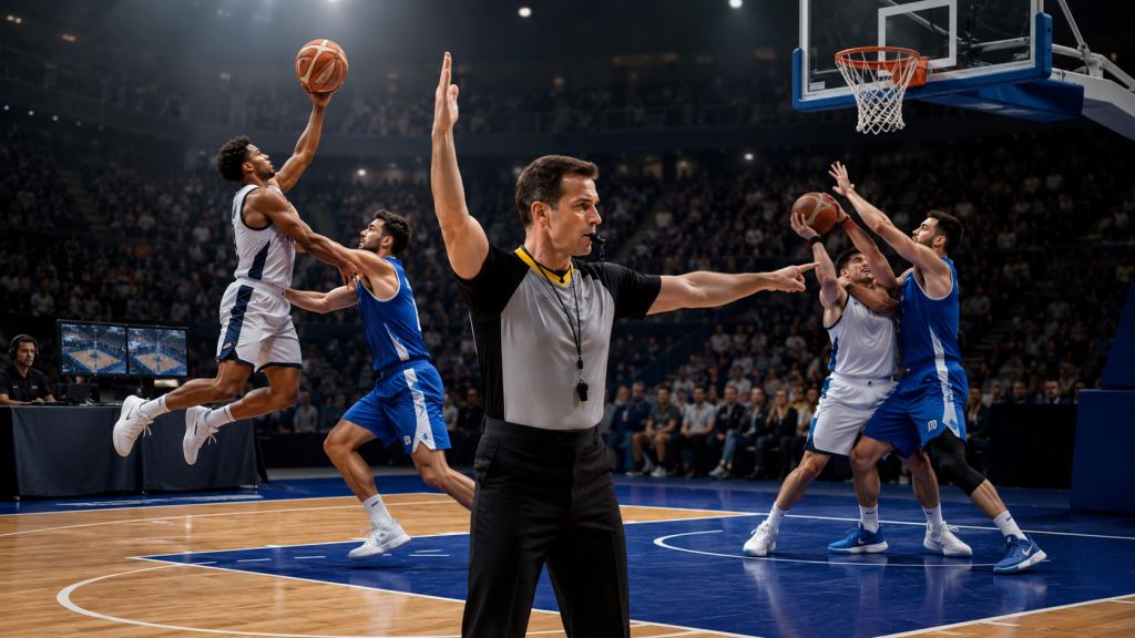 illustration IA: Règles FIBA 2026: fin de la faute antisportive, nouveaux repères pour tir, fautes et vidéo arbitrage