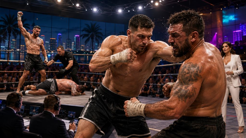 AI ilustracija: Borshchev svladao Brita, Salamov zaustavio Suareza na američkom debiju IBA Bare Knucklea u Miamiju 2026