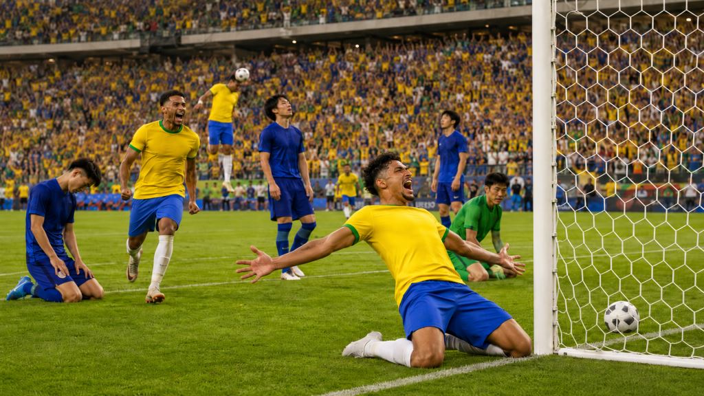 KI-Illustration: Brasilien bezwingt Japan durch Martinellis spätes Tor und erreicht das WM-Achtelfinale nach Drama in Houston